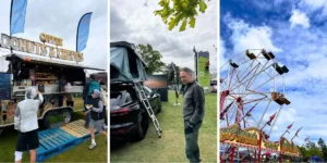 3 images of keswick mountain festival a food truck and some fairground equipment