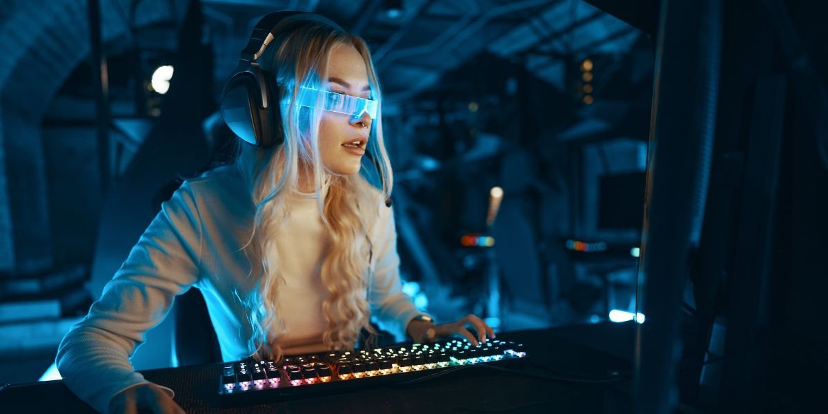 woman n cyberpunk glasses plays computer games, fascinated by technology and the virtual world