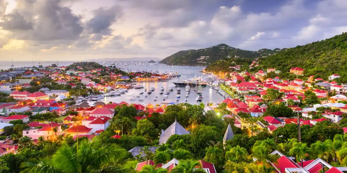 St. Barts Skyline. Saint Barthelemy skyline and harbor in the West Indies. Boats bobbing on the ocean