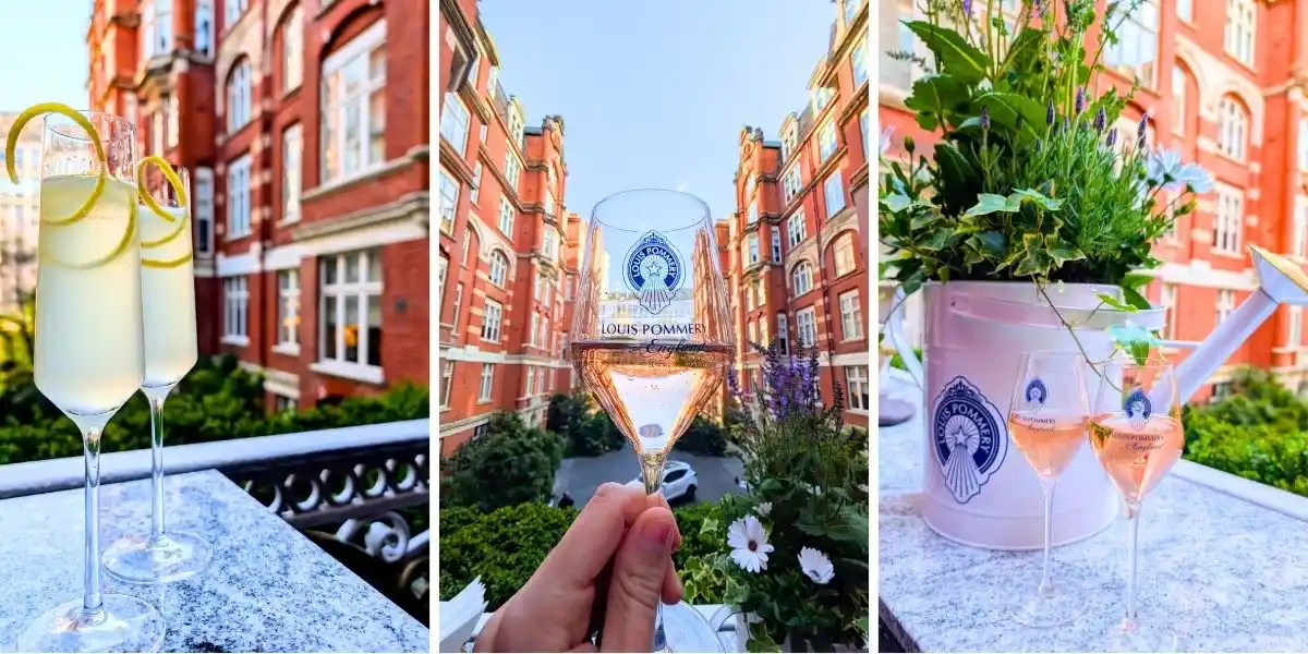 three images o drinks in a summer setting at st ermins terrace in london