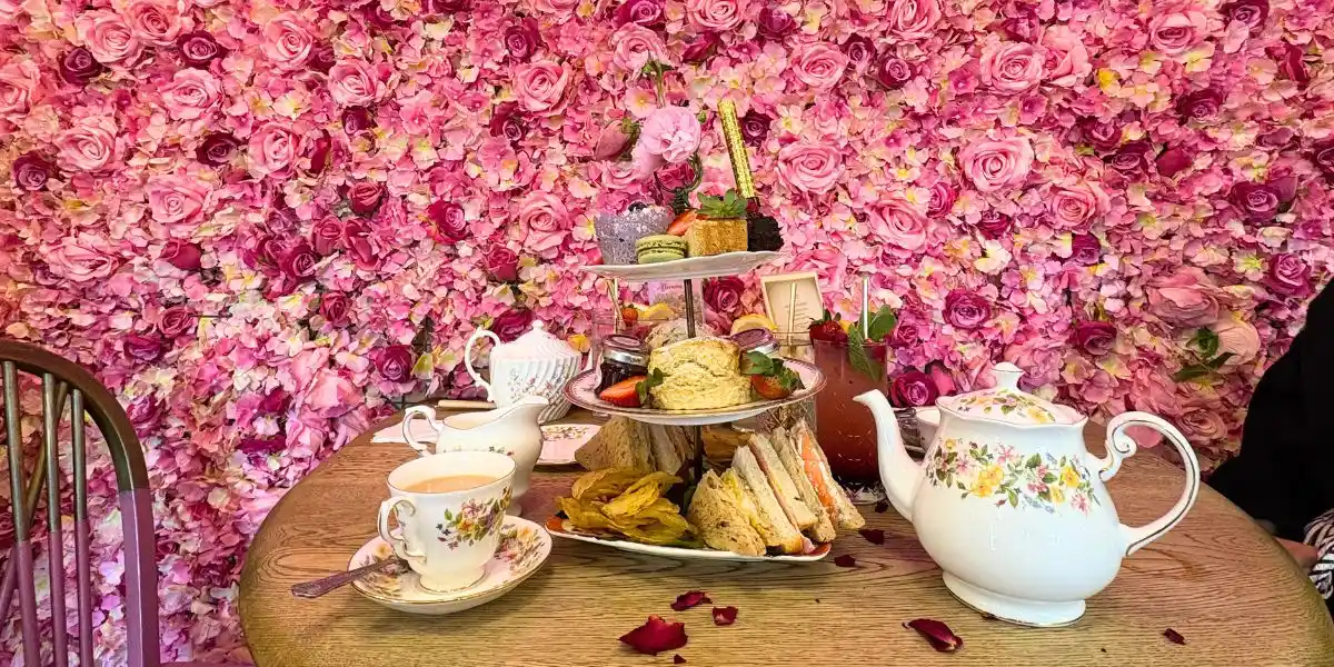a rose petal background with an afternoon tea set up in the foreground