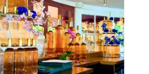 bottles of rose wine displayed on a beautiful bar