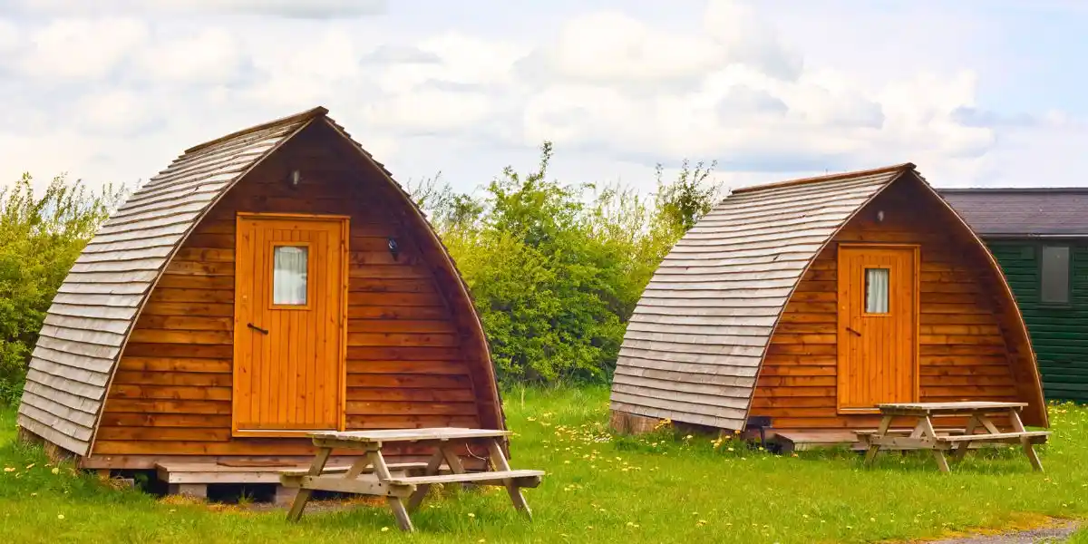 Modern camping tee pees at a european camp site in The Yorkshire Dales National Park. A contemporary trend called glamping