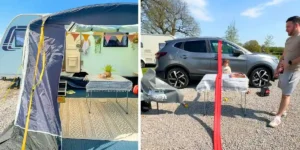 caravan awning and child playing in the sunshine