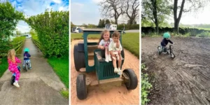 3 pics of children playing on a campsite