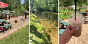 a river on a campsite, with a milkshake and a rubber duck race