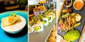 3 images of food including sushi at amare beach hotel