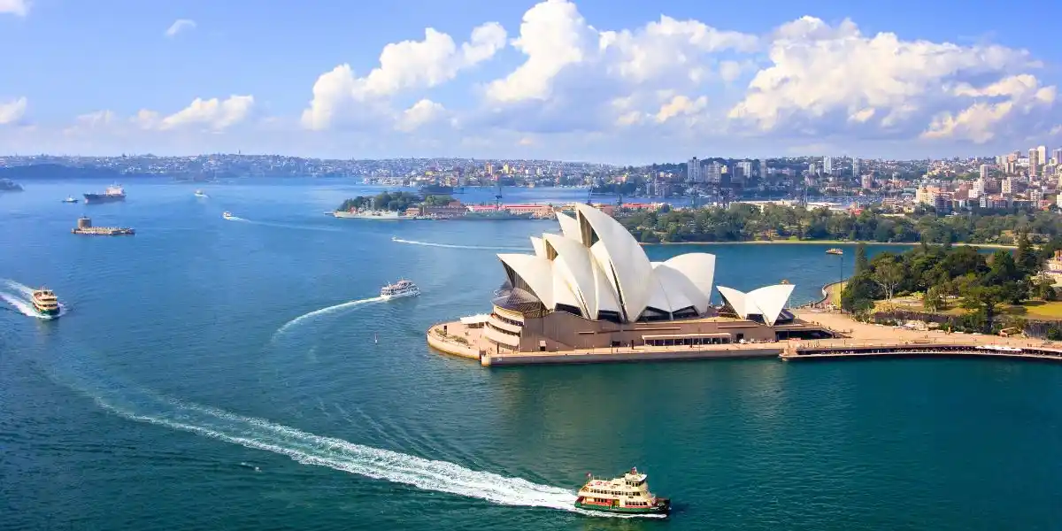 High level view of the Sydney Opera House in the city of Sydney in Australia.