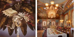 the inside of Brighton pavilion set out for a banquet