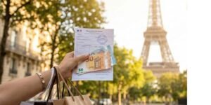 a hand with shopping bags and the paperwork for a VAT refund with the eiffel tower in the background