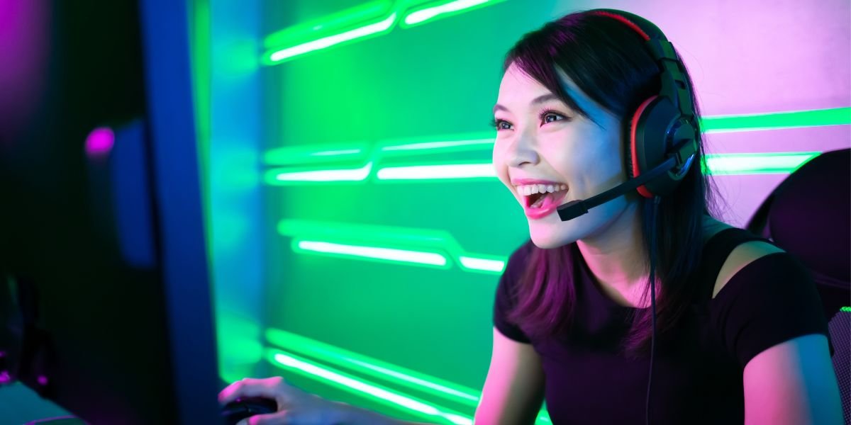 Woman cybersport gamer live stream. Pro Gamer having live stream and playing in Online Video Game