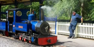 small steam train in the station at exbury gardens in the new forest