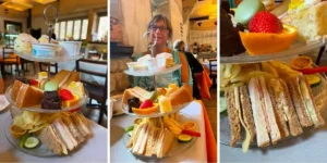 three photos of the afternoon tea at hoghton tower, sandwiches, scones 