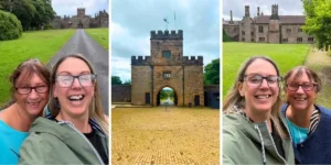 three photos of hoghton tower from the outside
