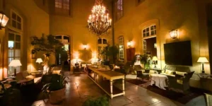 a hotel lobby in candlelight