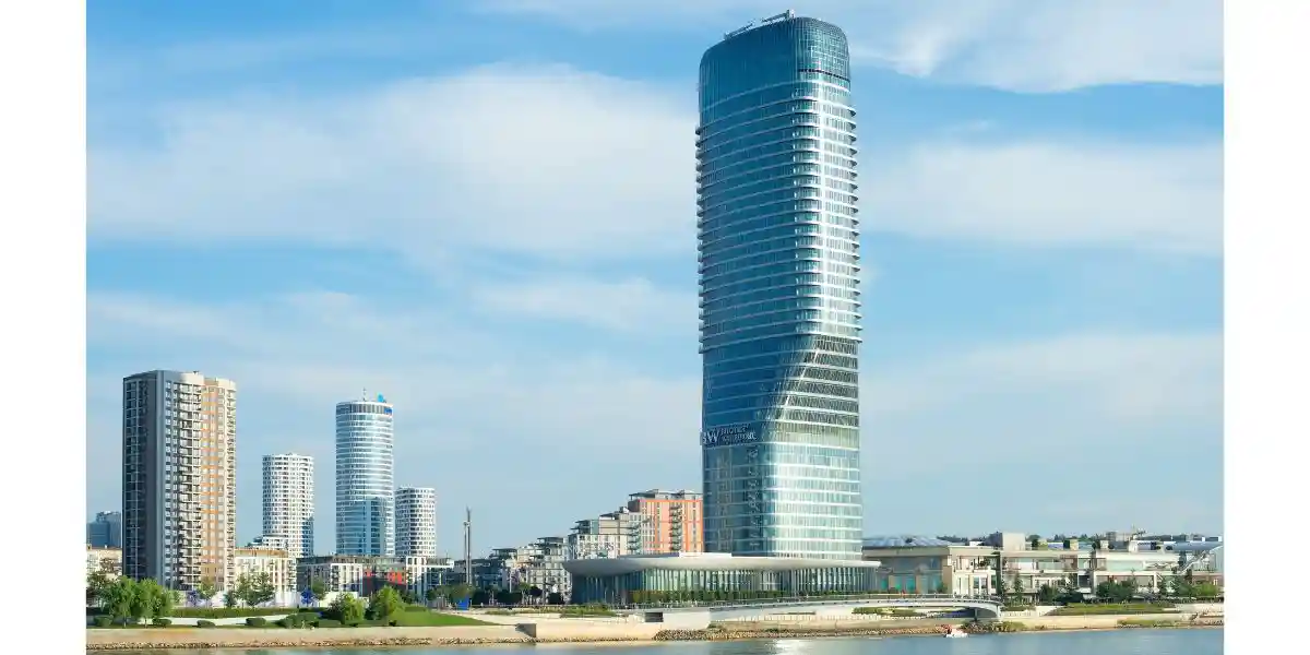 Kula Beograd skyscraper stands prominently at the Belgrade Waterfront on the banks of the Sava River