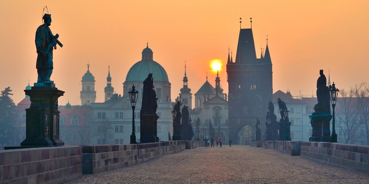 Sunrise over Prague, look from Charles Bridge.