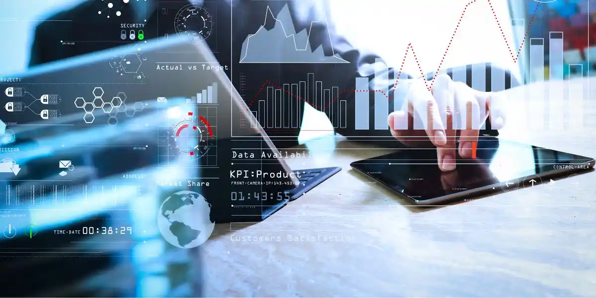 Intelligence (BI) and business analytics (BA) with key performance indicators (KPI) dashboard concept. Businessman hand touching digital tablet