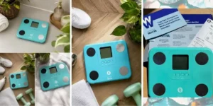 three images showing the blue tanita scales