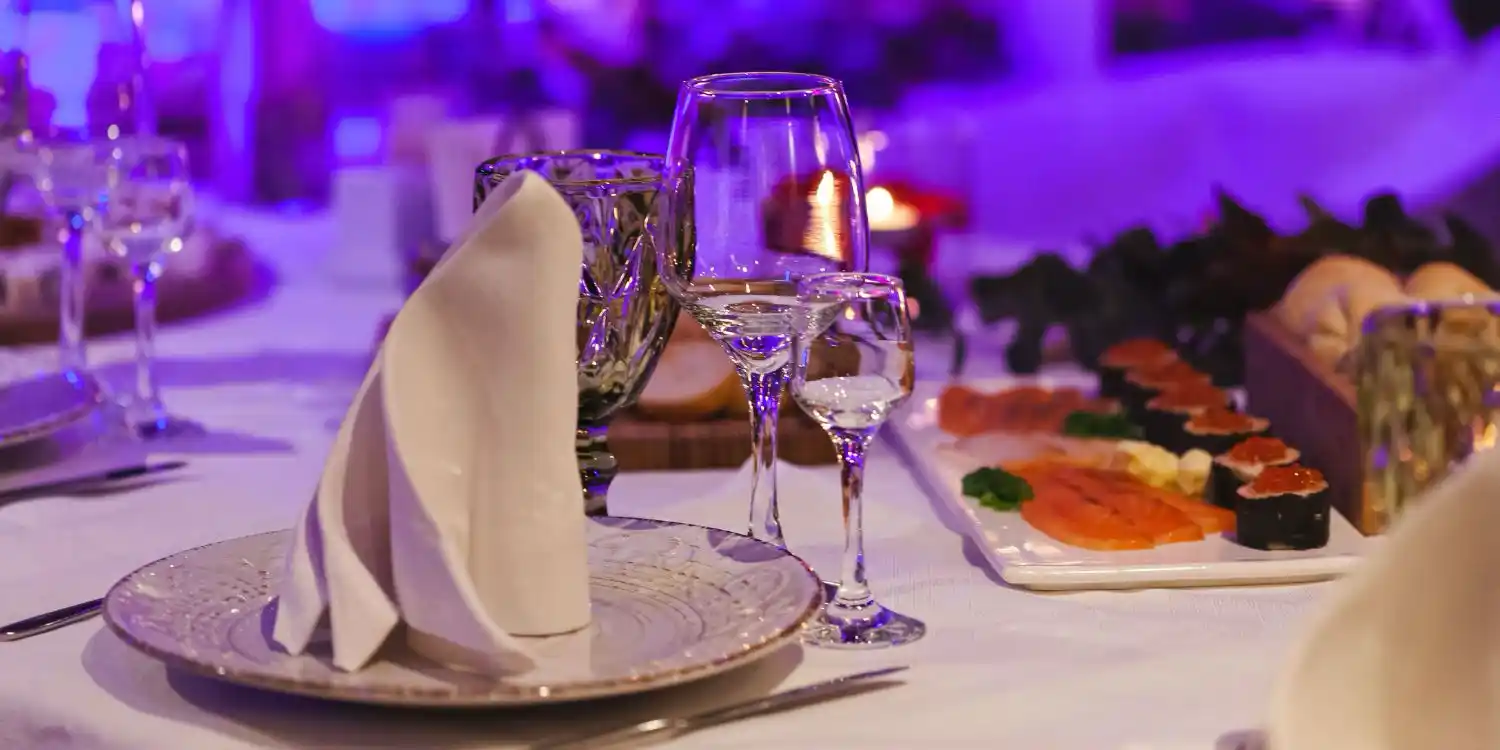 A dinner table in a holiday setting