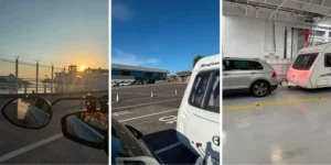 three images of a caravan travelling to france