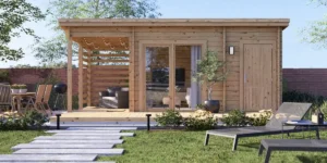 good looking log cabin in a sunny garden, perfect for teenagers