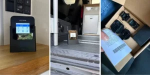 three images of the router in various places in the camper van