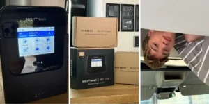 three images of the box in a campervan and a teenage boy looking on excitedly