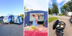 three images of a beautiful caravan site and set-up at park foot campsite