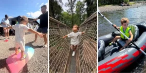 three pictures of a cute boy trying out activities at park foot campsite