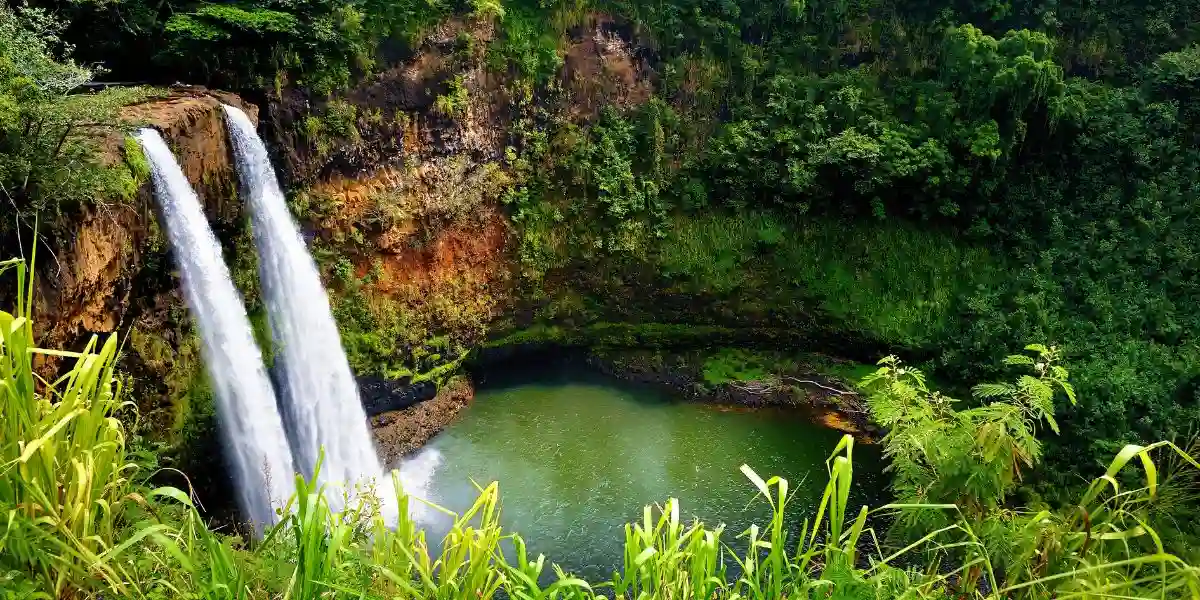 Majestic twin Wailua waterfalls on Kauai, Hawaii