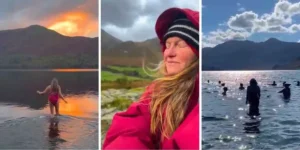 three photos of Sara Barnes Wild Swimming in the Lake District in different seasons