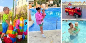 four images of a toddler having fun in Mallorca in October